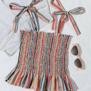 Ruffle hem shirred knotted striped cami top